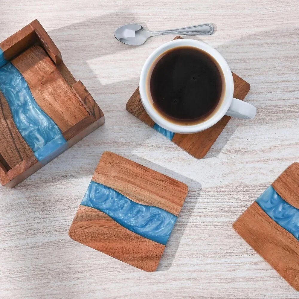 Wood Coasters with Resin - Set of 4 Cup Coasters with Holder - 4 x 4 Inches - Un